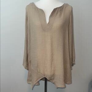 Just Fashion Now Tan Tunic Sharkbite Linen Blouse Boho Top Women's XL
